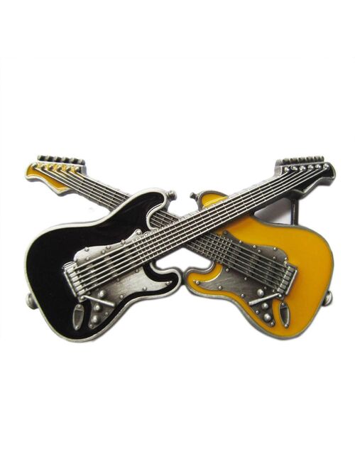 Retail Distribute Black Yellow Crossed Double Guitars Belt Buckle BUCKLE-MU094BKYE  Free Shipping