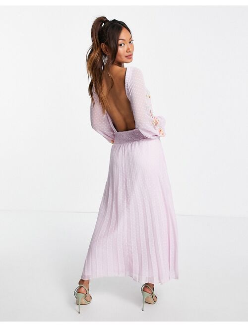 Asos Design textured shirred waist open back pleated midi dress with embroidery in lilac