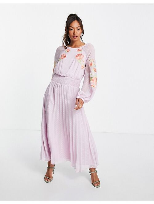 Asos Design textured shirred waist open back pleated midi dress with embroidery in lilac