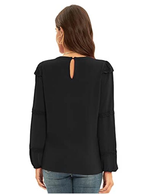 GRACE KARIN Women's Puff Sleeve Lace Trim Crew Neck Keyhole Casual Work Blouse Tops