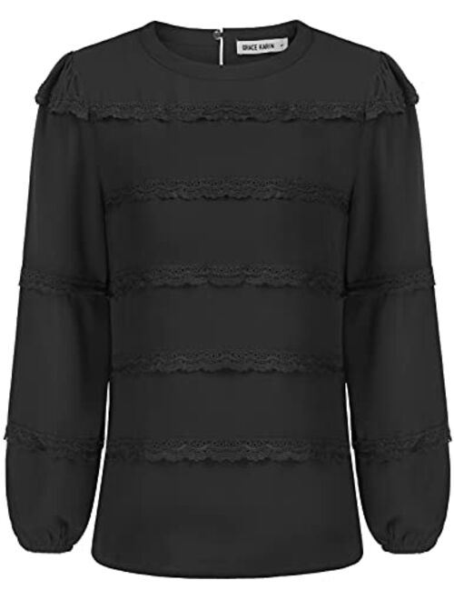 GRACE KARIN Women's Puff Sleeve Lace Trim Crew Neck Keyhole Casual Work Blouse Tops