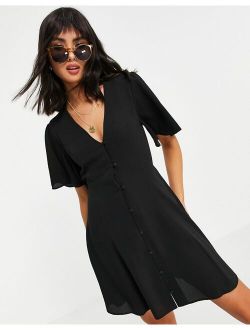 button through tie back mini tea dress with angel sleeve in black