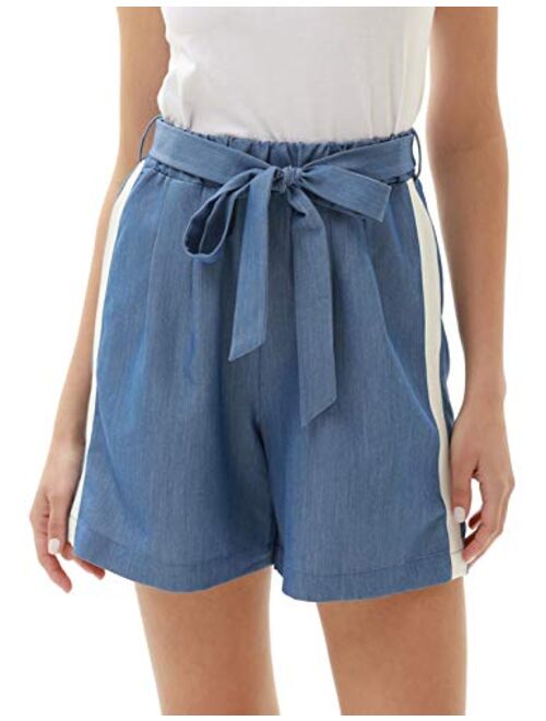 Fanteecy Womens Casual Elastic Waist Striped Summer Beach Shorts Self Tie Shorts Bowknot Summer Shorts with Pockets