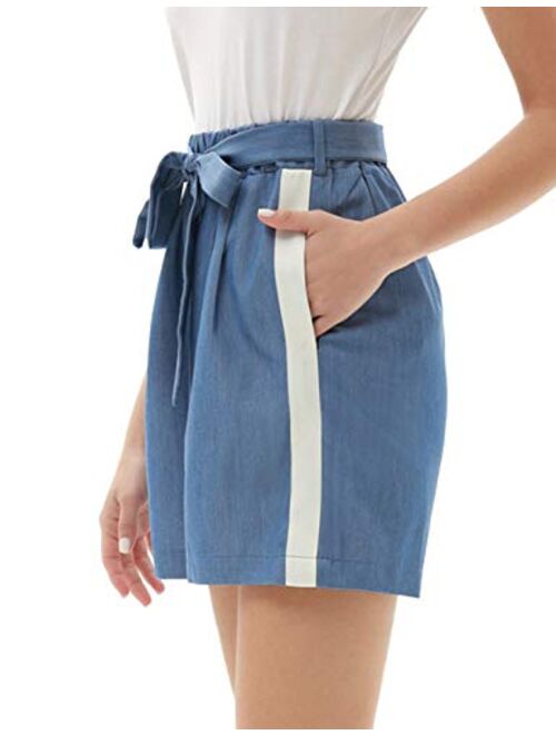 GRACE KARIN Women's Bowknot Elastic Waist Shorts Casual Comfy Stripes Summer Beach Shorts with Pockets