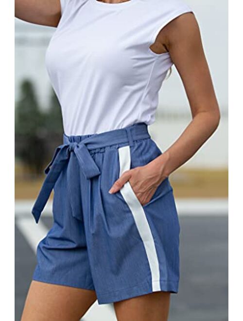 GRACE KARIN Women's Bowknot Elastic Waist Shorts Casual Comfy Stripes Summer Beach Shorts with Pockets