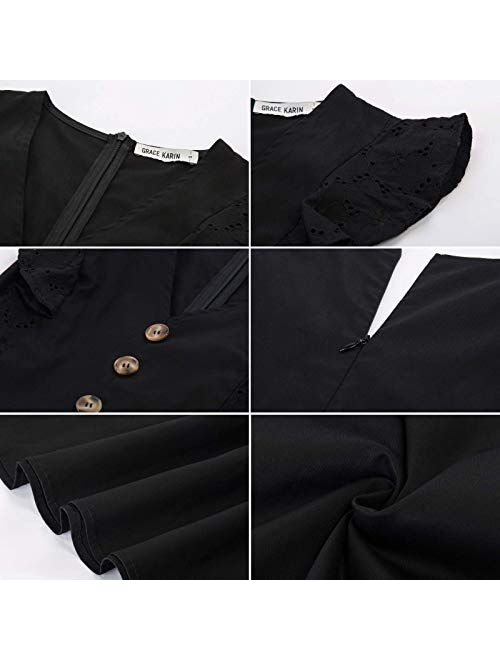 GRACE KARIN Women's Casual Summer Ruffle Cap Sleeve Cotton Dress V-Neck Button Tie Wait A-Line Midi Dress
