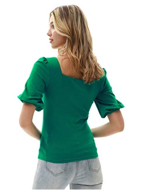 GRACE KARIN Womens V Neck Ruched Cotton Tops Puff Sleeve Blouse T-Shirt