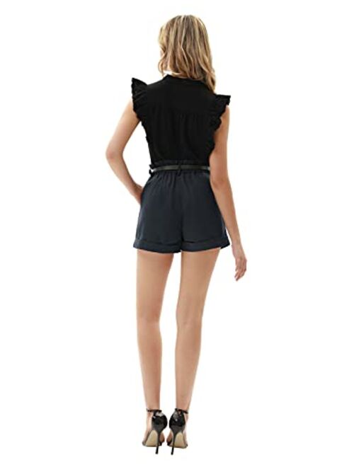 GRACE KARIN Women Casual Fold-up Leg Ruffle High Waist Belt Shorts with Pockets