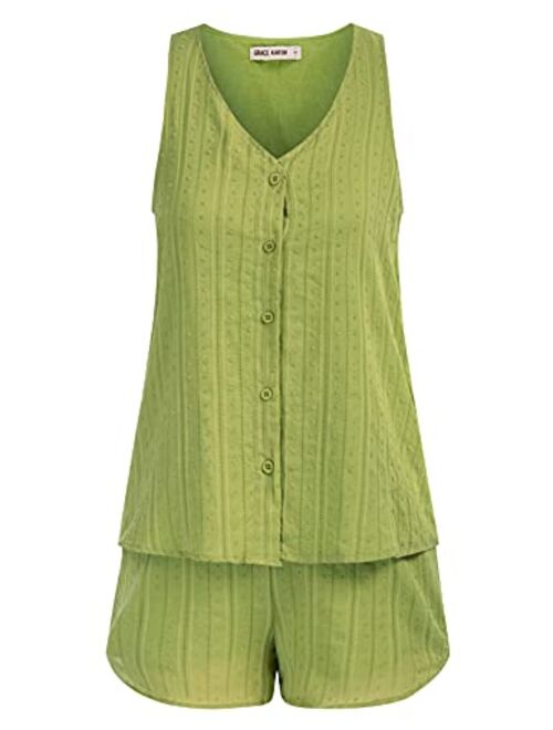GRACE KARIN Womens Casual 2 Piece Cotton Outfit Short Romper Jumpsuit Button Loungewear Pj Set