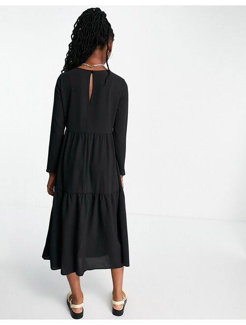 Asos Design long sleeve tiered smock midi dress in black