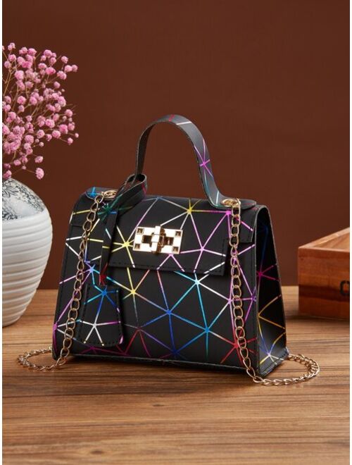 Shein Turn-Lock Geometric Graphic Flap Chain Bag