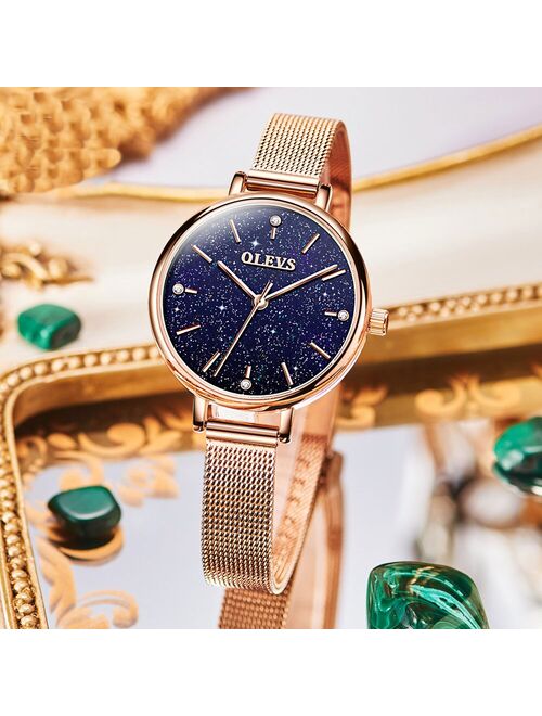 OLEVS Womens Watches Wristwatch Rose Gold Starry Sky Quartz Band Ultra Thin Fashion Casual Mesh Waterproof Gifts for Ladies6894