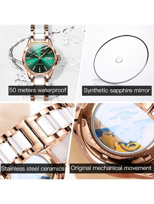 JSDUN Women's Automatic Watch Fashion Luxury Brand Women Mechanical Watch Rose Gold Stainless Steel Ceramics Strap Dress Watches