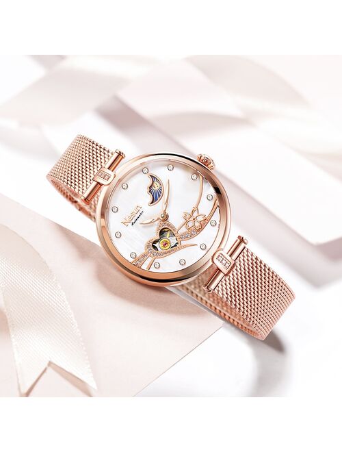 NESUN Rose Gold Watches for Women Leather Automatic Mechanical Watches Waterproof Luxury Lady Watches Gifts for Women