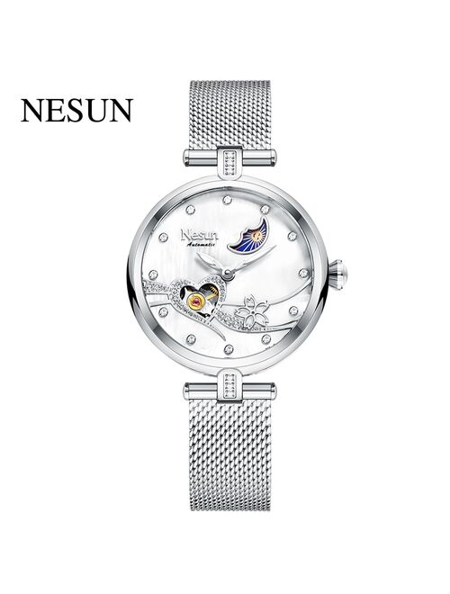 NESUN Rose Gold Watches for Women Leather Automatic Mechanical Watches Waterproof Luxury Lady Watches Gifts for Women