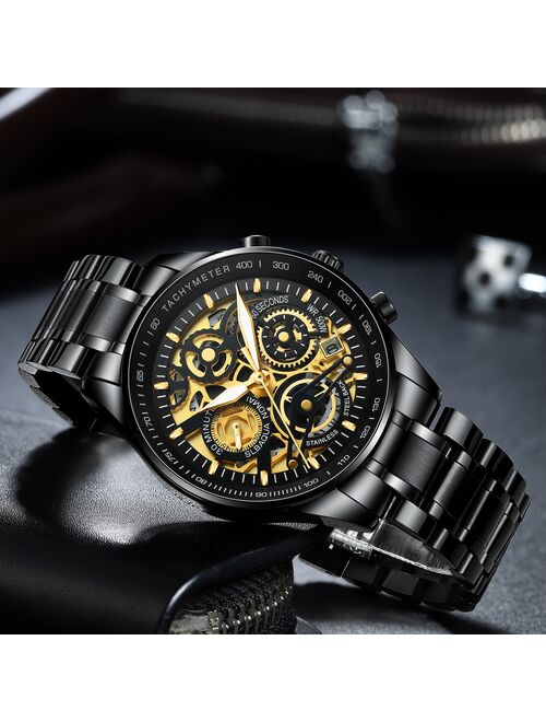 NIBOSI VIP 1 Stainless Steel Skeleton Fashion Mens Watches with Black Top Brand Luxury Sports Quartz Watch Men Relogio Masculino
