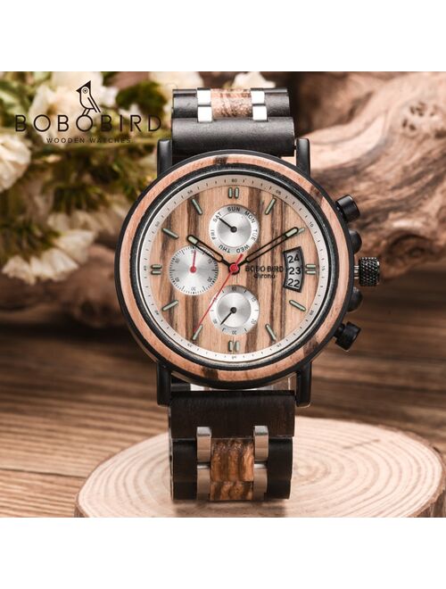 BOBOBIRD Man Watch Wrist Watches For Man 2020 Chronograph Stopwatch Auto Date Mens Quartz Wristwatch Wood Timepieces Wooden Box