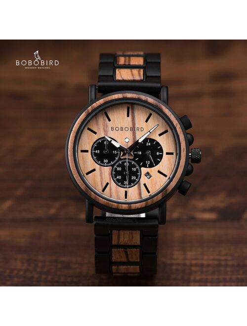 BOBO BIRD Unique Dial Stopwatch Bamboo Wooden Watches Men Wrist Watch With Date Create clock Gift In Wood Box saat erkek