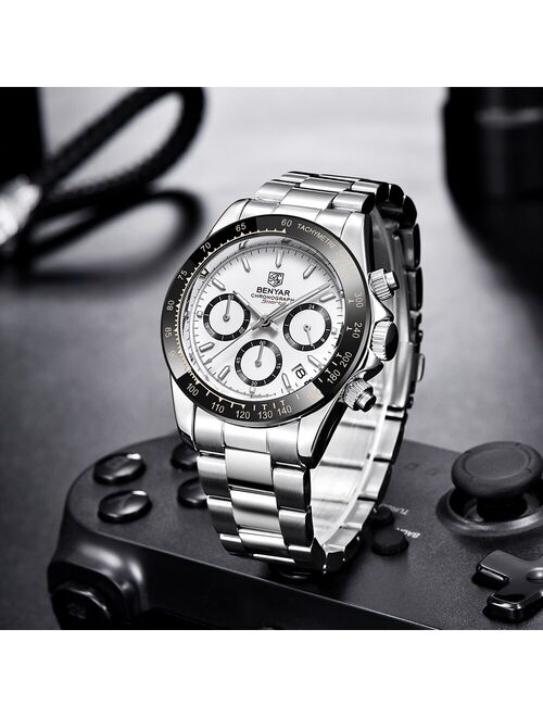 BENYAR Men Quartz Wristwatches Top Brand Sports Chronograph Watch for Men Stainless Steel Automatic Watch reloj hombre Clock