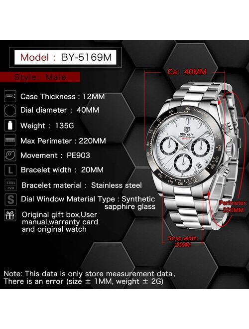 BENYAR Men Quartz Wristwatches Top Brand Sports Chronograph Watch for Men Stainless Steel Automatic Watch reloj hombre Clock