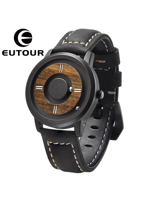 EUTOUR Magnetic ball Wooden dial watches Luxury Brand Mens fashion Casual Quartz Watch Simple Men Round leather strap Wristw