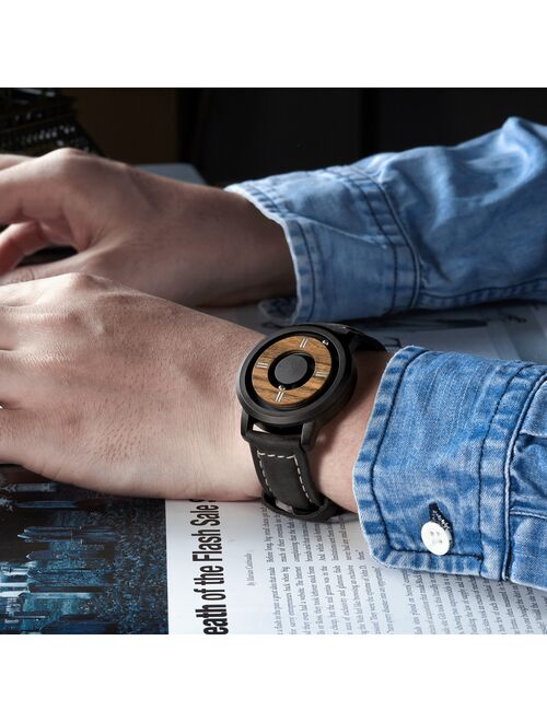 EUTOUR Magnetic ball Wooden dial watches Luxury Brand Mens fashion Casual Quartz Watch Simple Men Round leather strap Wristw