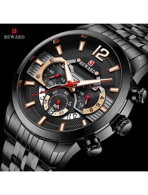 REWARD Brazil Hot Selling Sporty Watch Mens Quartz Chronograph Wristwatches Luminous hands 8355 Fashion Stainless Steel Clock