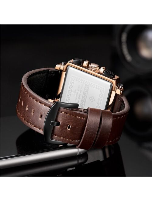 2021 New Fashion Waterproof Men's Watch Top Brand Luxury Leather Square Large Dial Sports Quartz Chronograph Relogio Masculi