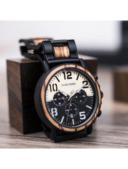 BOBO BIRD Wooden Stainless Steel Watch Men Water Resistant Timepieces Chronograph Quartz Watches relogio masculino Men's Gifts