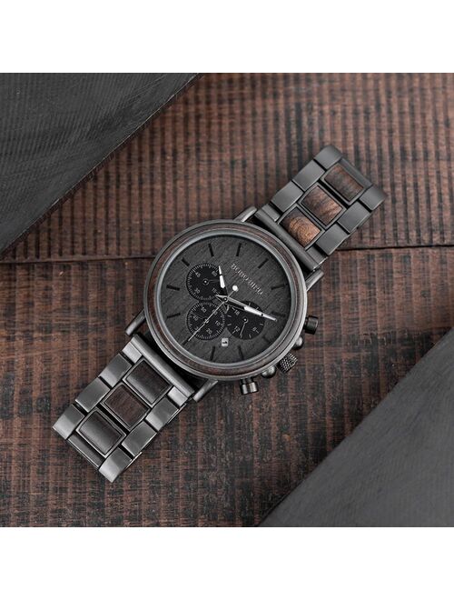 BOBO BIRD Chronograph Men Watch Wooden Luxury Stainless Steel Quartz Wristwatches with Calendar relojes de marca famosa Christma