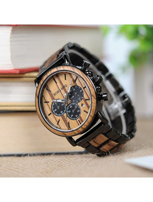 BOBO BIRD Wood Men's Watch Luxury Stylish Chronograph Military Watches Timepieces Auto Date in Wooden Gift Box Relogio Masculino