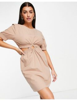 cut out mini dress with ring detail in brown