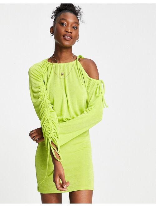 Asos Design mini dress with long sleeves and ruching detail in lime