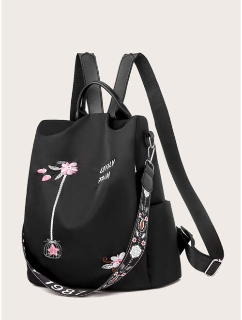 Shein Letter & Floral Embroidery Large Capacity Backpack