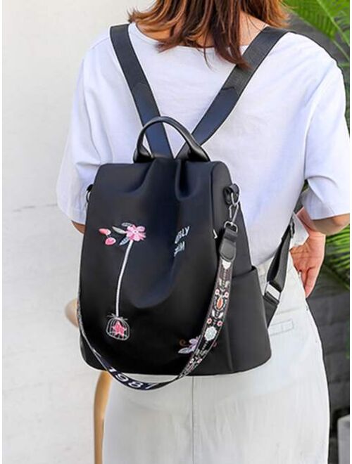 Shein Letter & Floral Embroidery Large Capacity Backpack