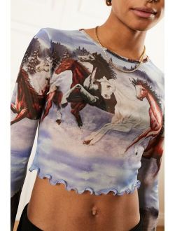 UO Blue Horses Long Sleeve Mesh Top