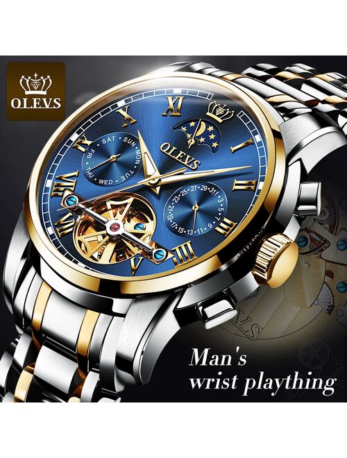 OLEVS Automatic watch Men Stianless Steel Sports Waterproof Date Luxury Mechanical Wristwatch Moon Phase Montre homme Gifts 6617