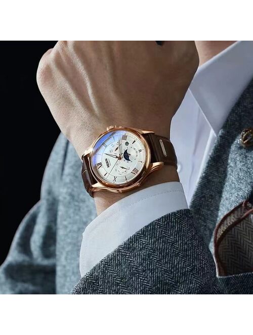 NESUN Men Mechanical Watch Luxury Automatic Watch Leather Waterproof Sports Moon Phase Wristwatch relogio masculino 9030