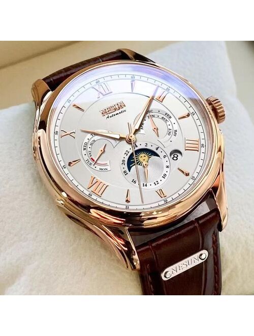 NESUN Men Mechanical Watch Luxury Automatic Watch Leather Waterproof Sports Moon Phase Wristwatch relogio masculino 9030