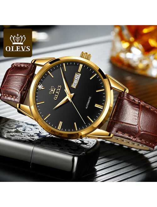 OLEVS New Men's Watches Classic Mechanical Leather Watch Men Luxury Men Automatic Watches Business Waterproof Clock Man 6629