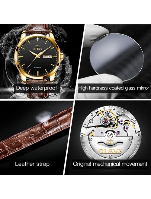 OLEVS New Men's Watches Classic Mechanical Leather Watch Men Luxury Men Automatic Watches Business Waterproof Clock Man 6629