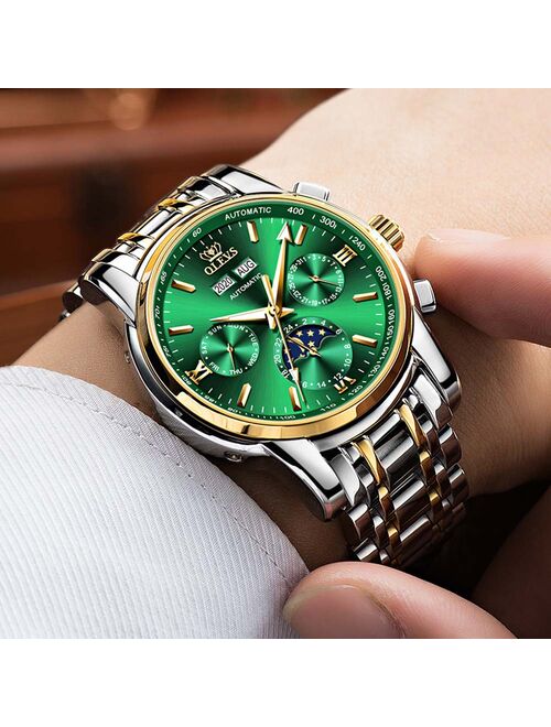 OLEVS Brand Luxury Men Watches Automatic Green Watch Men Stainless Steel Waterproof Business Sport Mechanical Wristwatch 6633