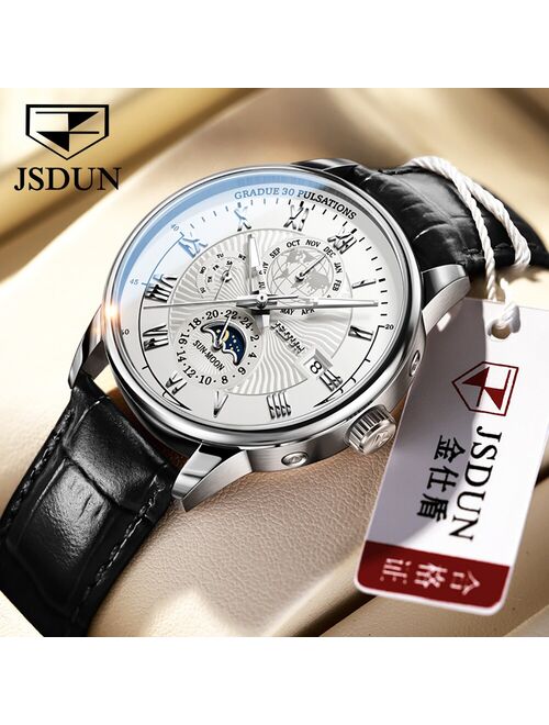 Luxury Brand JSDUN Moon Phase Automatic Wach Men Business Leather Automatic Mechanical Men's Wristwatches Waterproof Clock Male