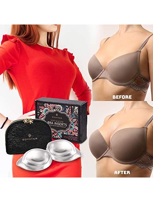 2 Pairs Bra Pads/Inserts, Clear Silicone Gel Breast Enhancement Pads, Sexy Push Up, Cleavage & Volume, Sizes M & L for Bra Cups A to D, in Black Lace Zippered Storage Bag