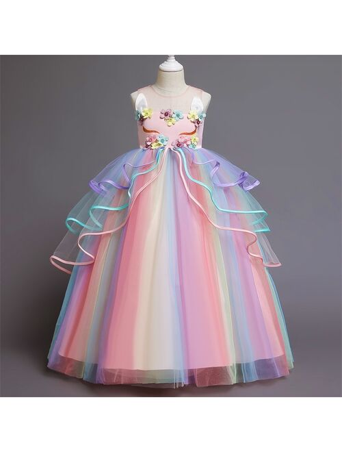 Kids Unicorn Dress for Girls Flower Appliques Ball Gown Little Girl Princess Dresses Elegant Party Costumes Children Clothing