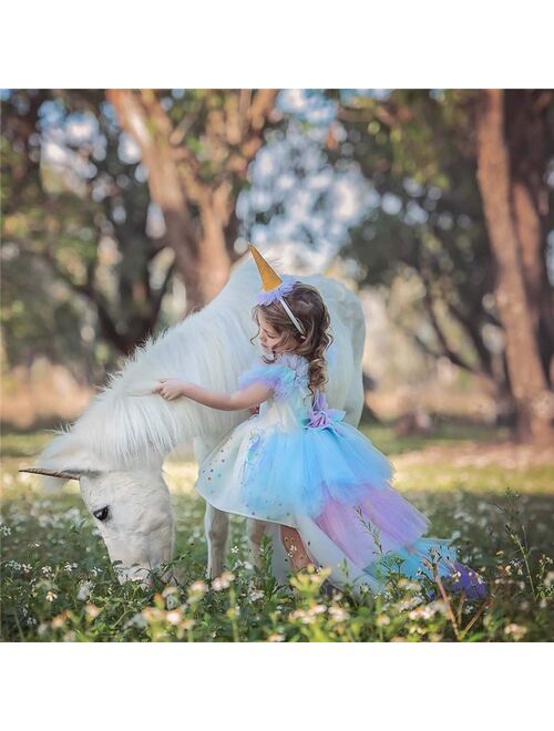 Christmas Girls Unicorn Dress with Long Tail + Wings Wig Hairband Baby Girl Princess Birthday Party Ball Gown Kids Horse Clothes