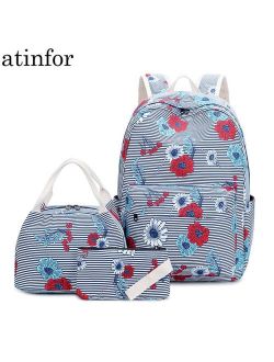 atinfor Brand Women Waterproof Flower Prtining Backpack Set Nylon Striped Student School Bags for Girls Laptop Backpack