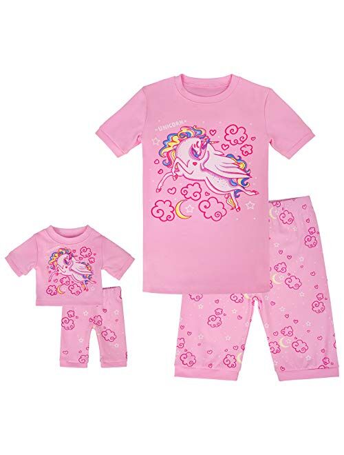 HDE Girls Unicorn Pajamas with Matching Doll Outfit Cotton Pajama Set for Girls