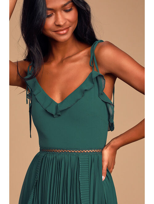 Lulus Never a Dull Moment Emerald Green Tie-Strap Pleated Midi Dress