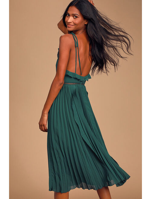 Lulus Never a Dull Moment Emerald Green Tie-Strap Pleated Midi Dress